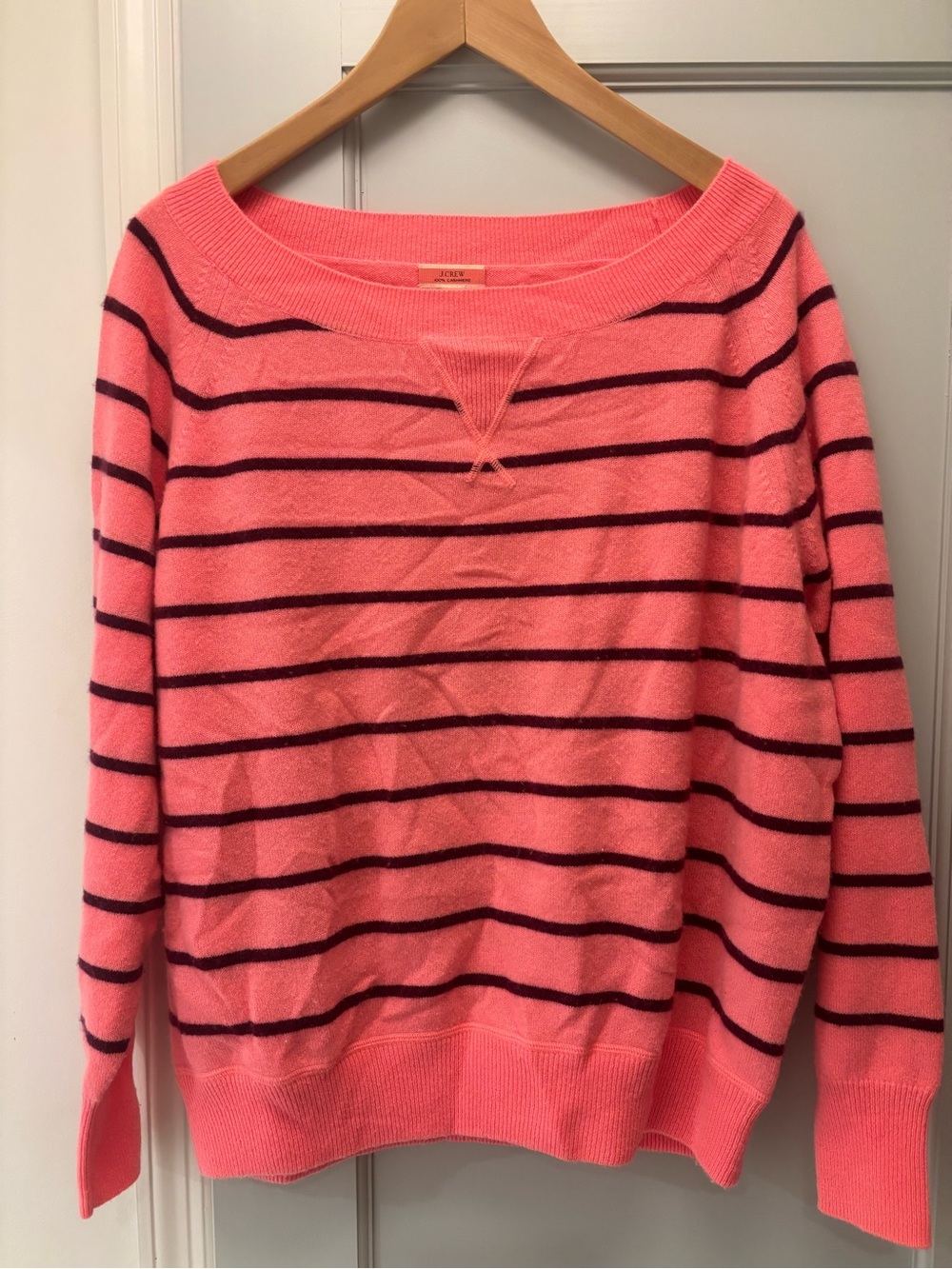 J.Crew 100% Cashmere Coral Striped Women's Boatneck Sweater